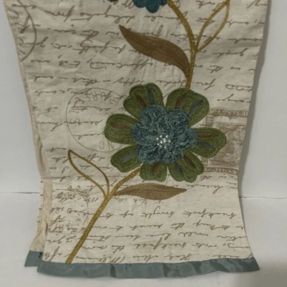 Pier 1 One Floral Embroidered Blue Green Tan Table Runner 13”x71” Cottagecore